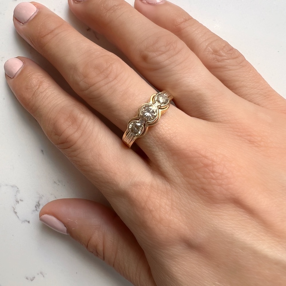 14K Yellow Gold Three Champagne Diamond Vintage Band Ring - Picture 12 of 12